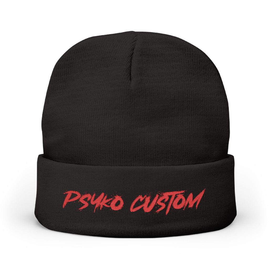 Embroidered Knit Beanie — 'PSYKO CUSTOM' Red Script