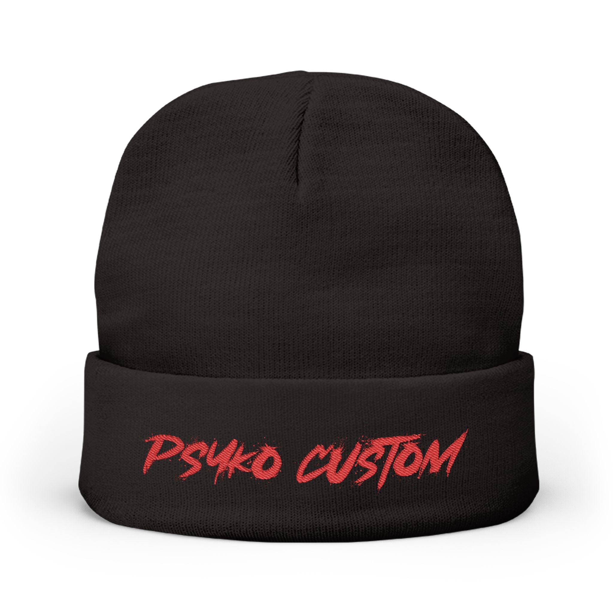 Embroidered Knit Beanie — 'PSYKO CUSTOM' Red Script