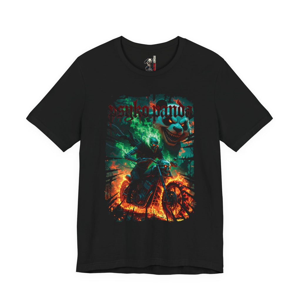 Motorcycle Rider T‑Shirt — Flaming Skull Biker Design
