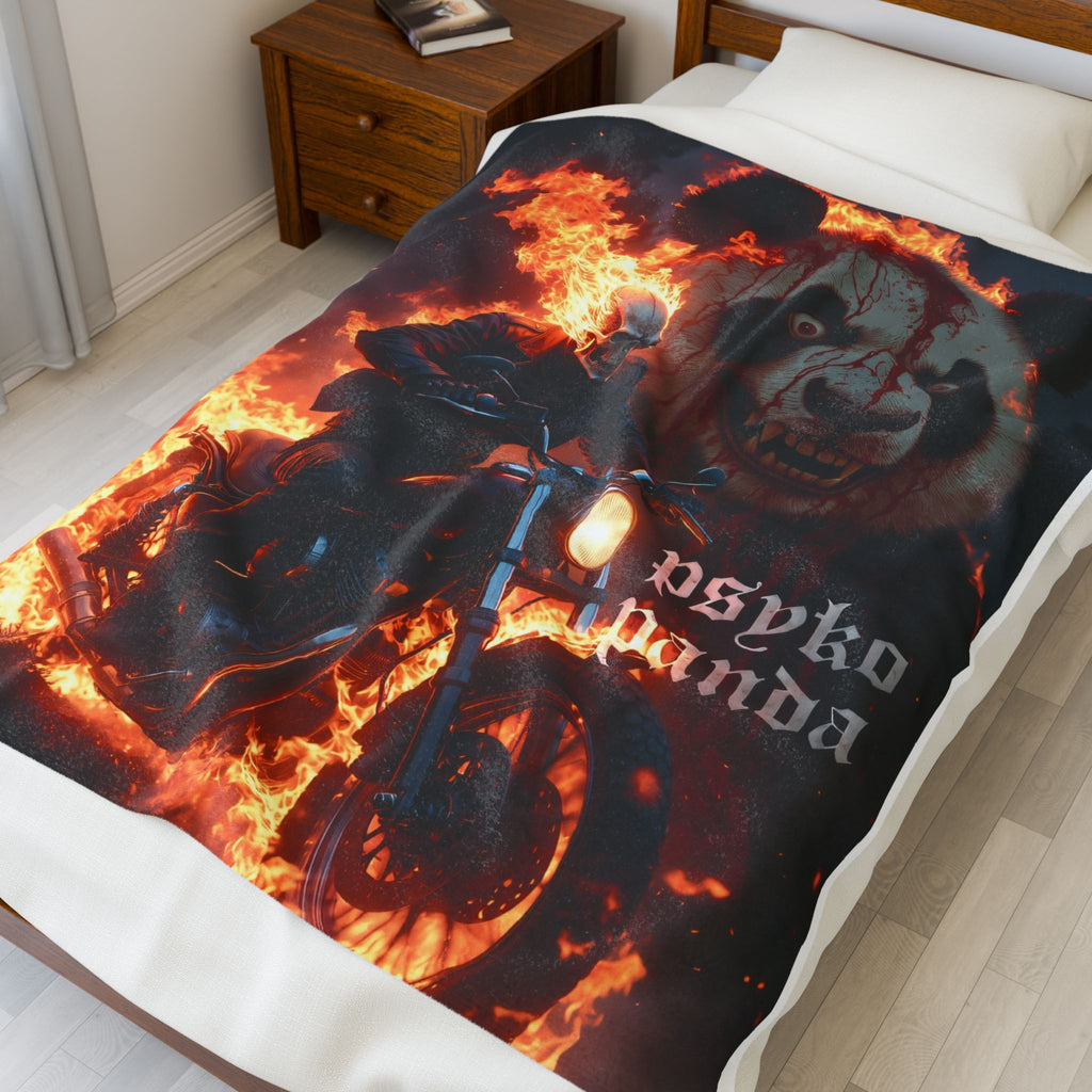 Psyko Panda Flaming Motorcycle Velveteen Plush Blanket
