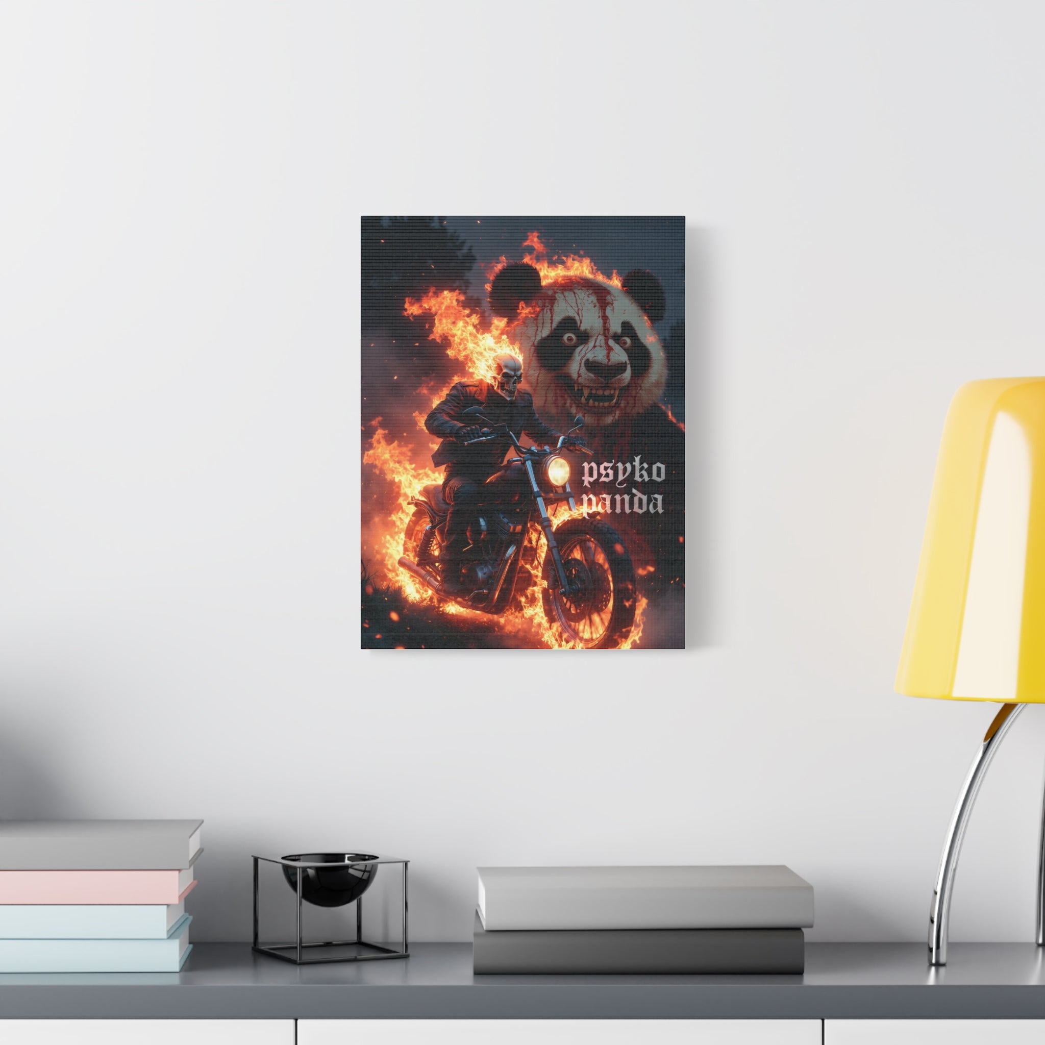 Psyko Panda Flaming Motorcycle Matte Canvas Wall Art