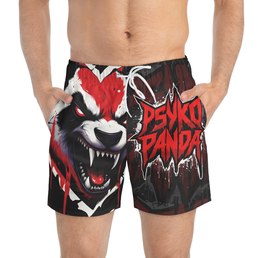 Psyko Panda Swim Trunks — Fierce Red Graphic Beach Shorts