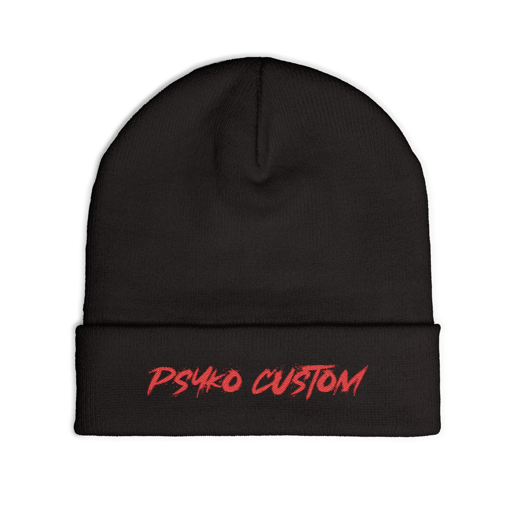 Embroidered Knit Beanie — 'PSYKO CUSTOM' Red Script