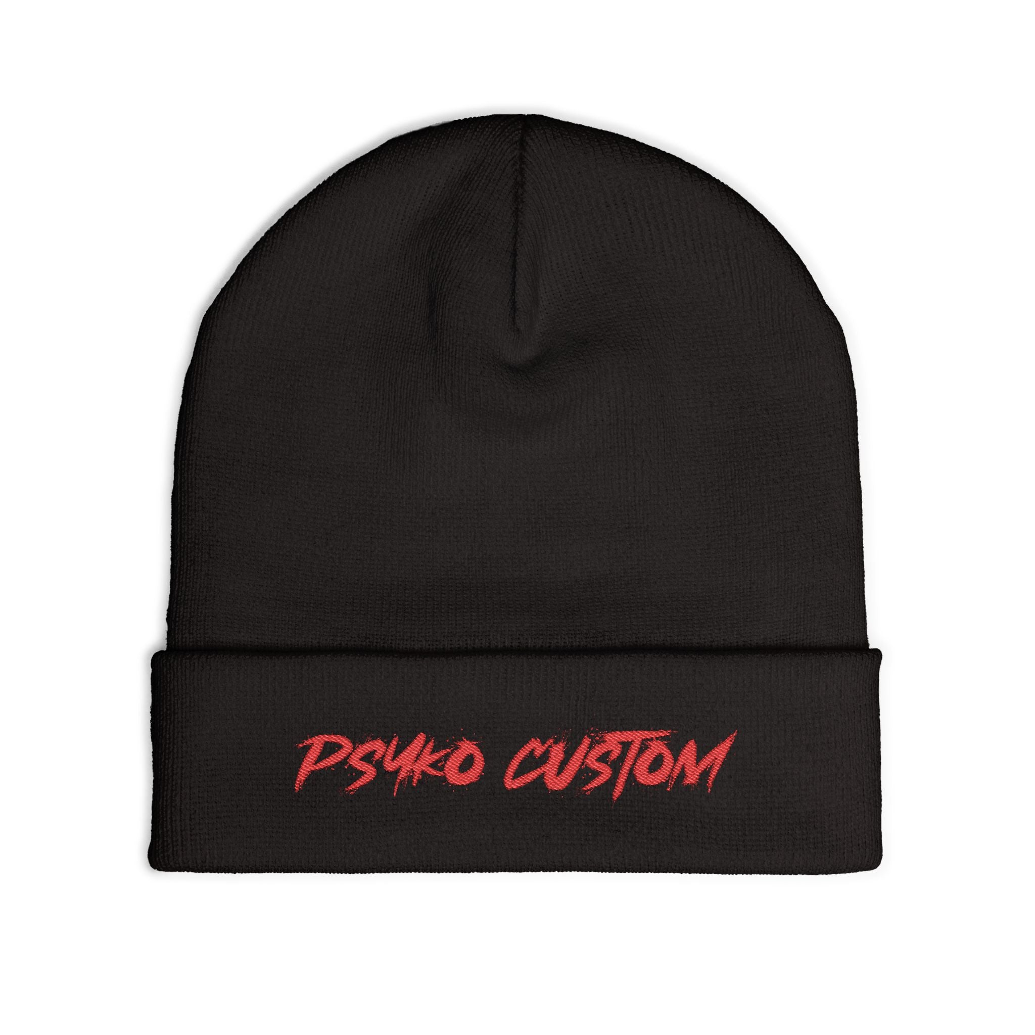 Embroidered Knit Beanie — 'PSYKO CUSTOM' Red Script