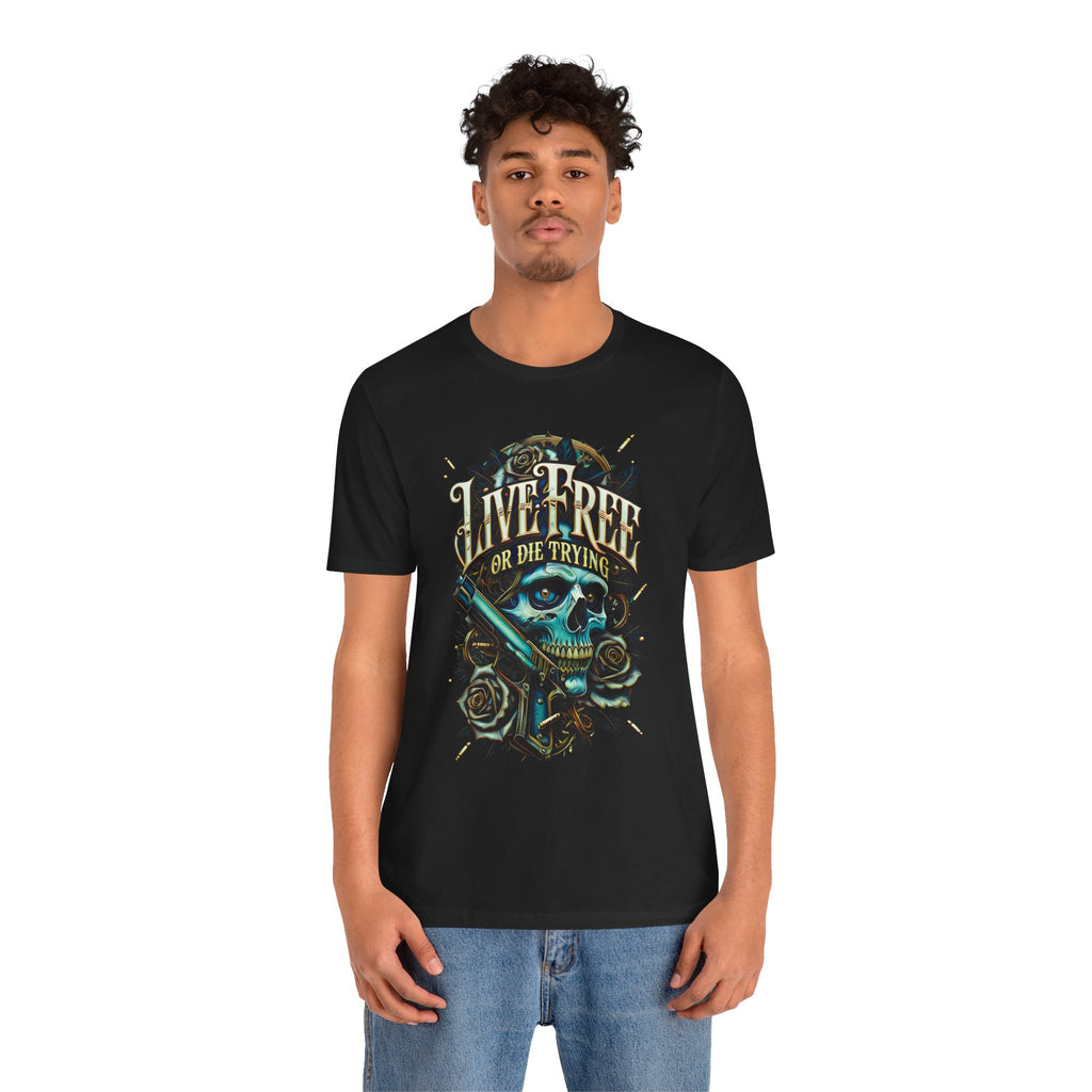 Live Free or Die Trying Skull T-Shirt — Patriotic Biker Graphic Tee