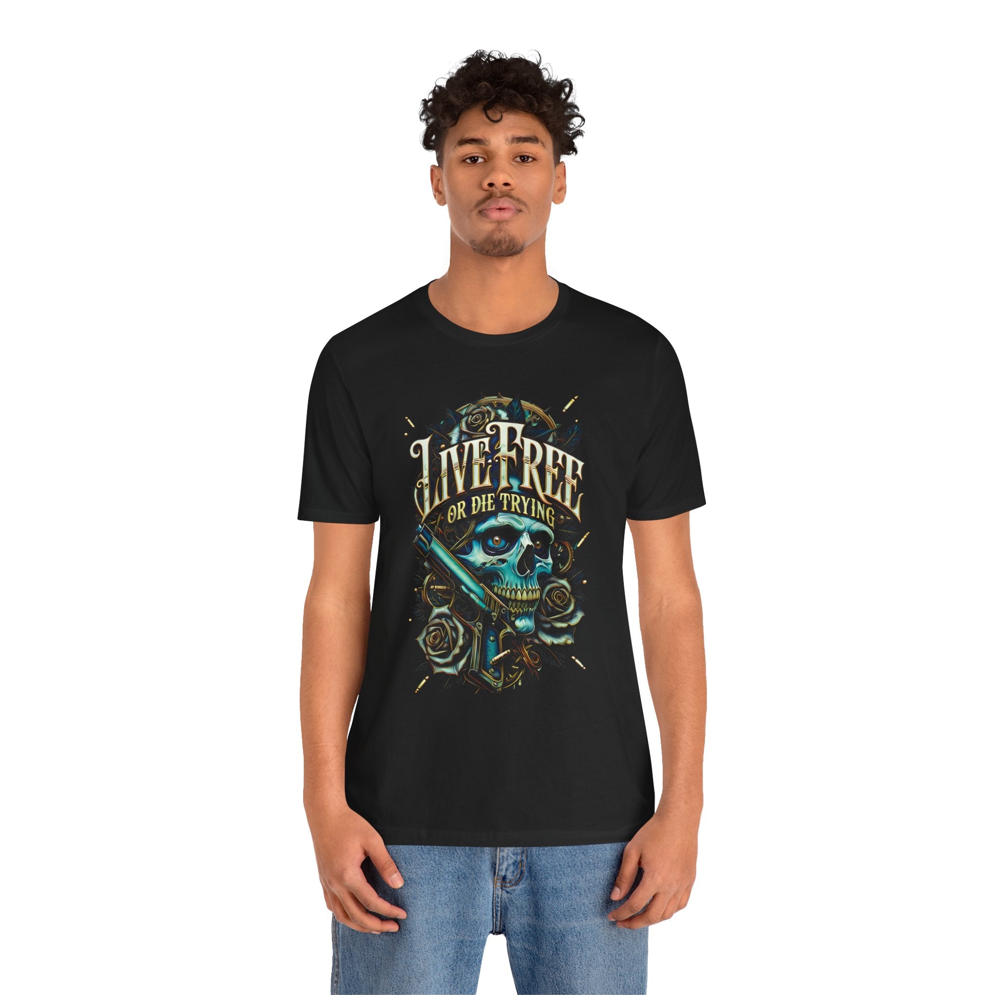 Live Free or Die Trying Skull T-Shirt — Patriotic Biker Graphic Tee