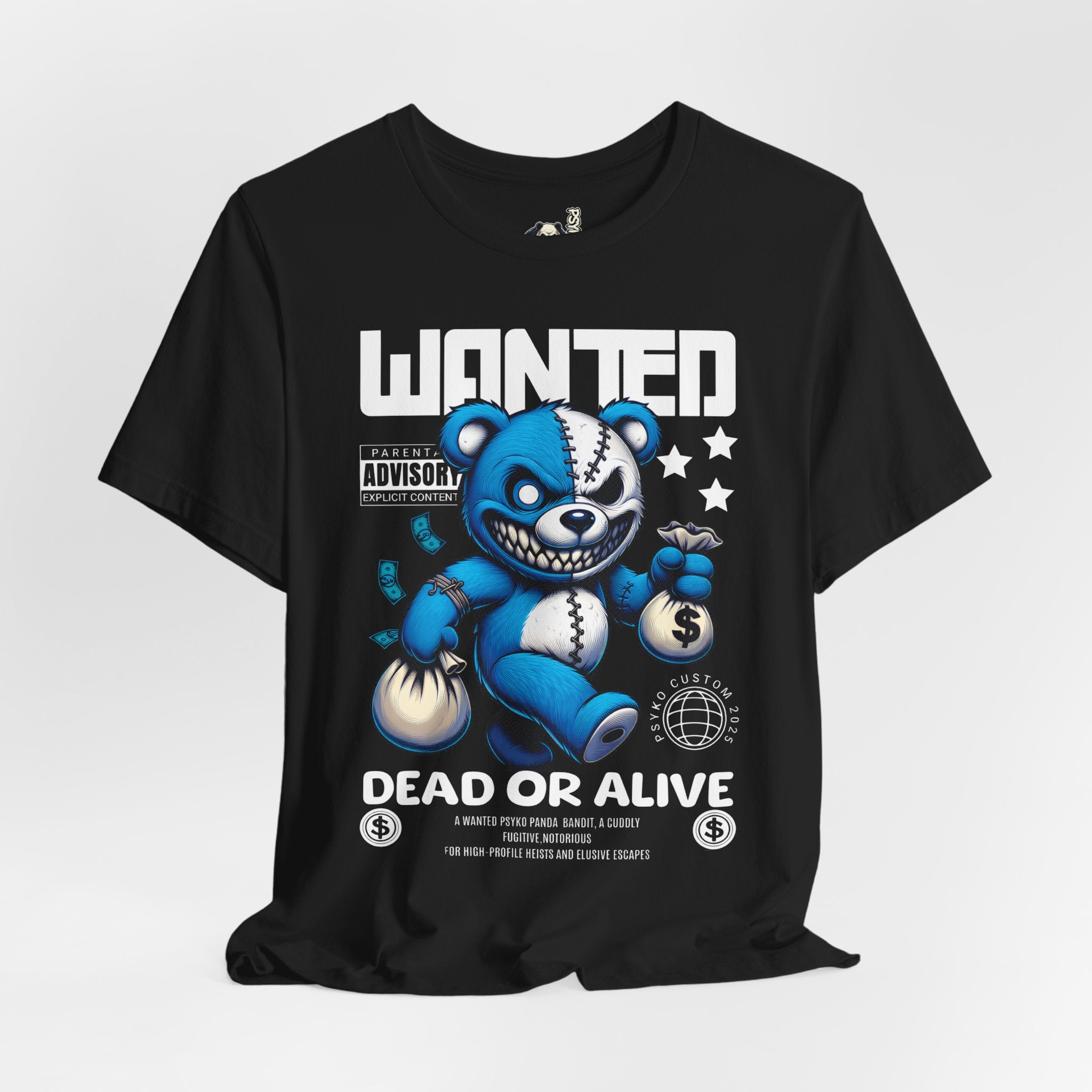 Wanted Dead or Alive Teddy Graphic Tee — Blue Bandit Plush Streetwear T-Shirt
