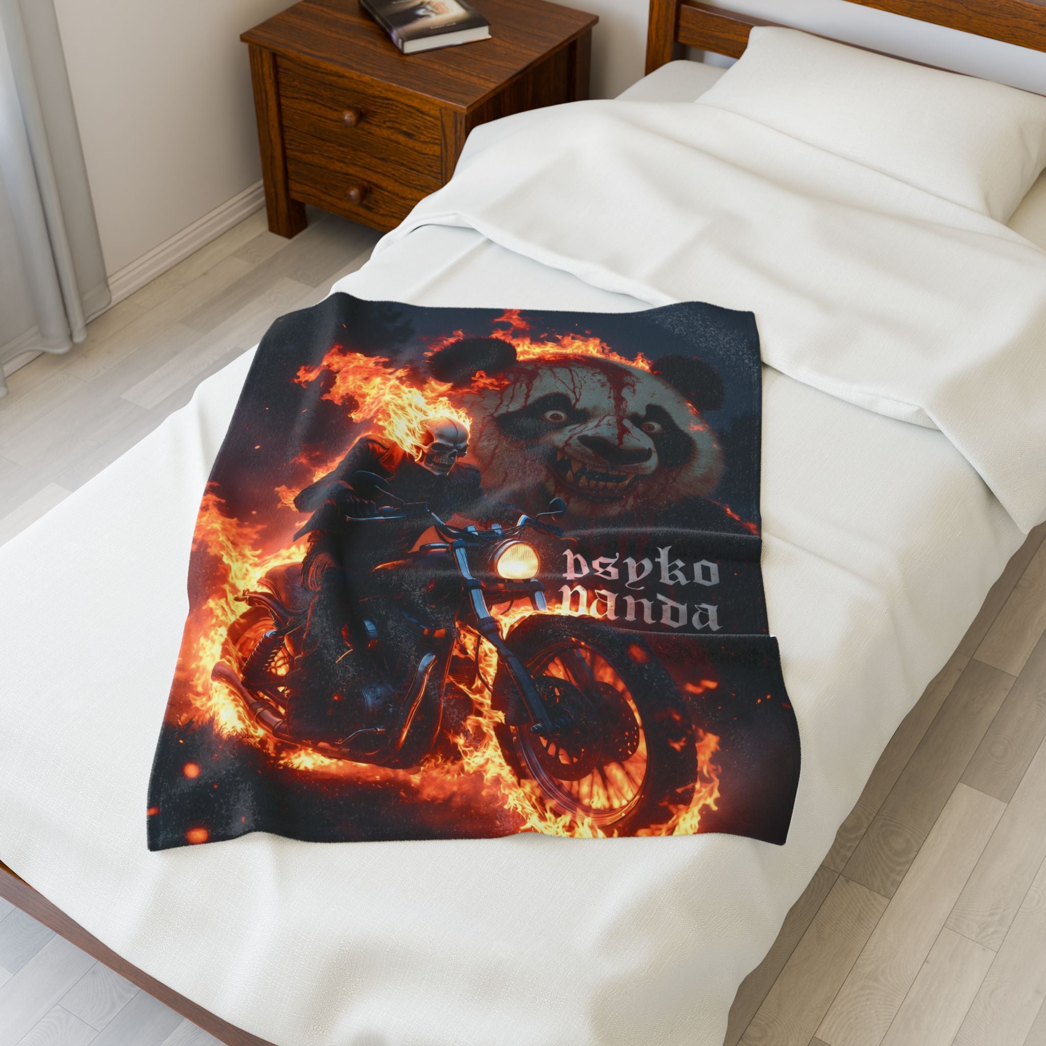 Psyko Panda Flaming Motorcycle Velveteen Plush Blanket