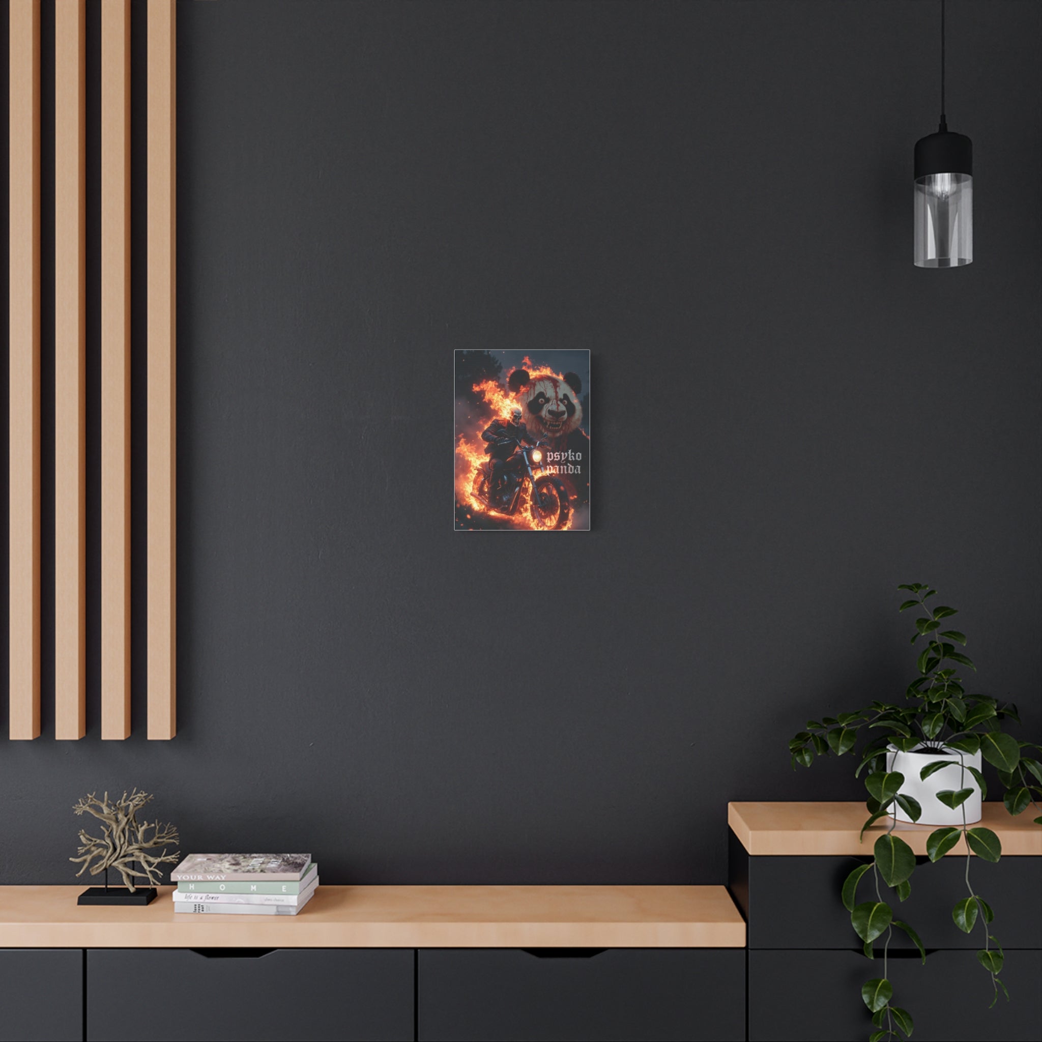 Psyko Panda Flaming Motorcycle Matte Canvas Wall Art